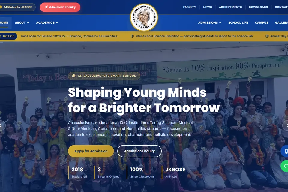 Home page of the A.P.J International Hr. Sec. School website showing students with trophies and the headline "Shaping Young Minds for a Brighter Tomorrow"