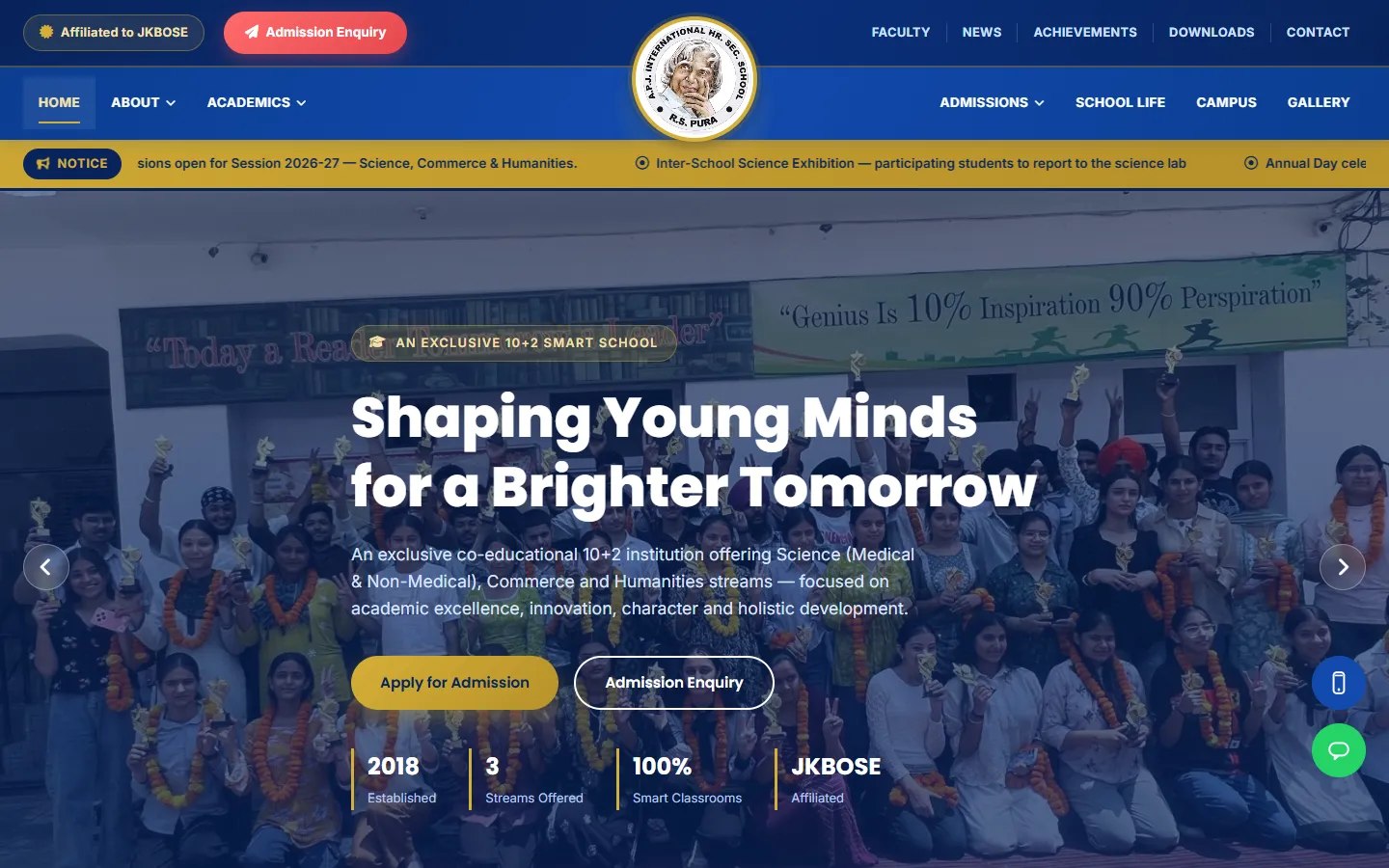 Home page of the A.P.J International Hr. Sec. School website showing students with trophies and the headline "Shaping Young Minds for a Brighter Tomorrow"