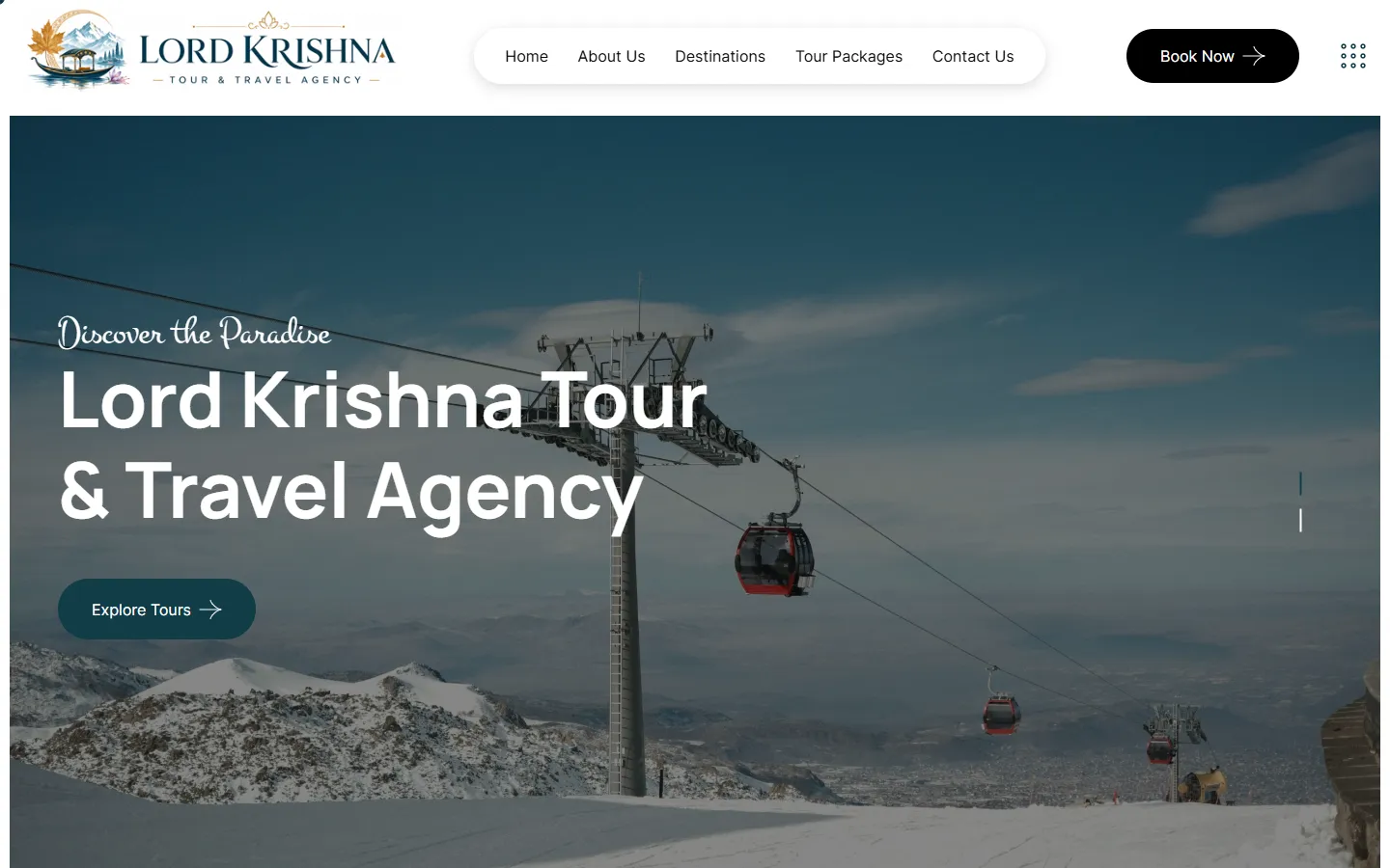 Home page of the Lord Krishna Tour & Travel Agency website with a snowy mountain cable car and the headline "Lord Krishna Tour & Travel Agency"
