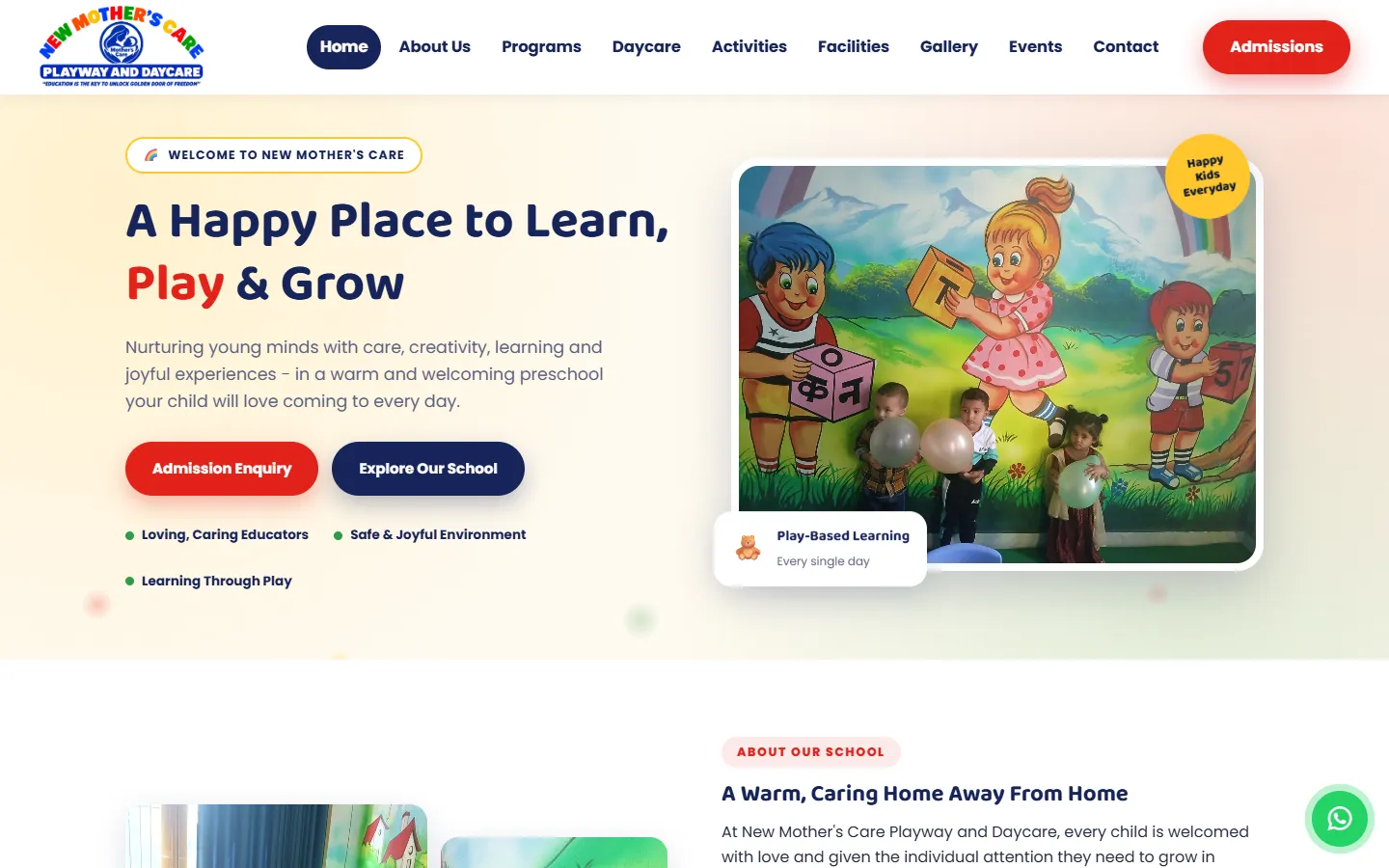 Home page of the New Mother's Care Playway and Daycare website with the headline "A Happy Place to Learn, Play & Grow" and children in a painted classroom