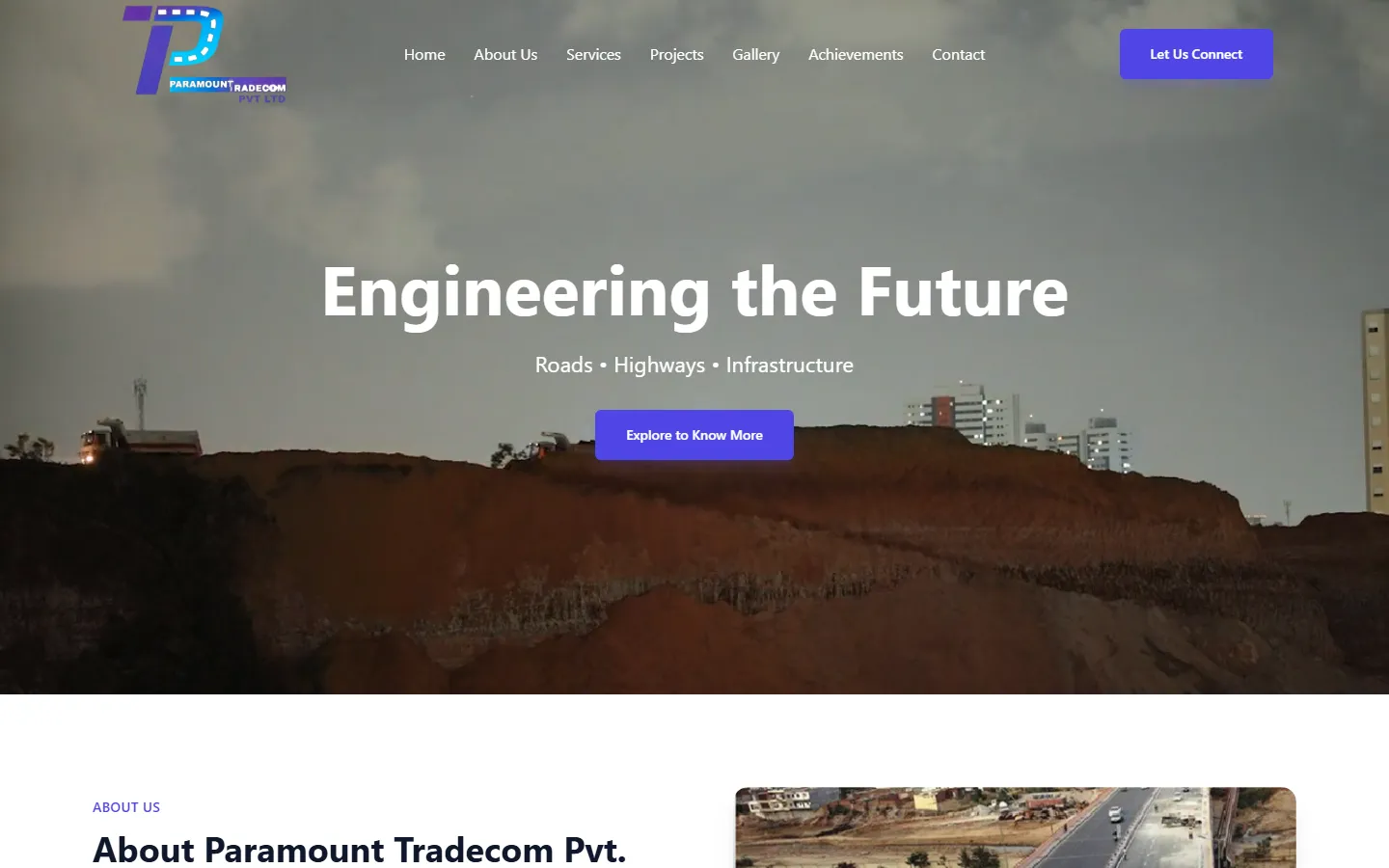 Home page of the Paramount Tradecom website with the headline "Engineering the Future — Roads, Highways, Infrastructure" over a construction site