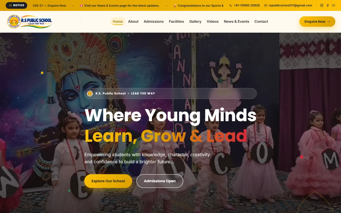 Home page of the R.S. Public School website with young students on stage and the headline "Where Young Minds Learn, Grow & Lead"