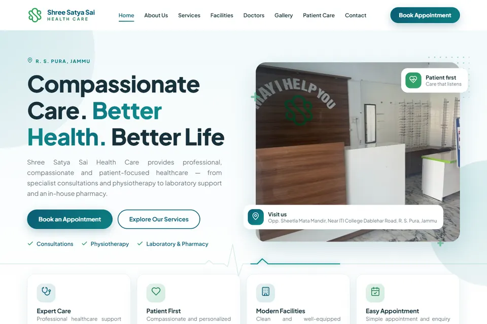 Home page of the Shree Satya Sai Health Care website with the headline "Compassionate Care. Better Health. Better Life" and a photo of the reception