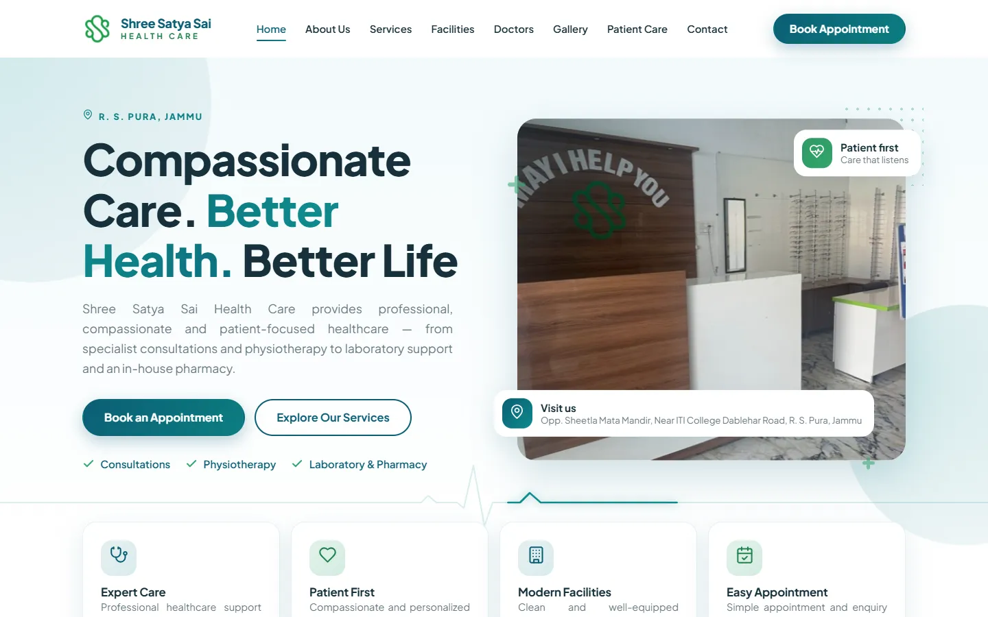 Home page of the Shree Satya Sai Health Care website with the headline "Compassionate Care. Better Health. Better Life" and a photo of the reception